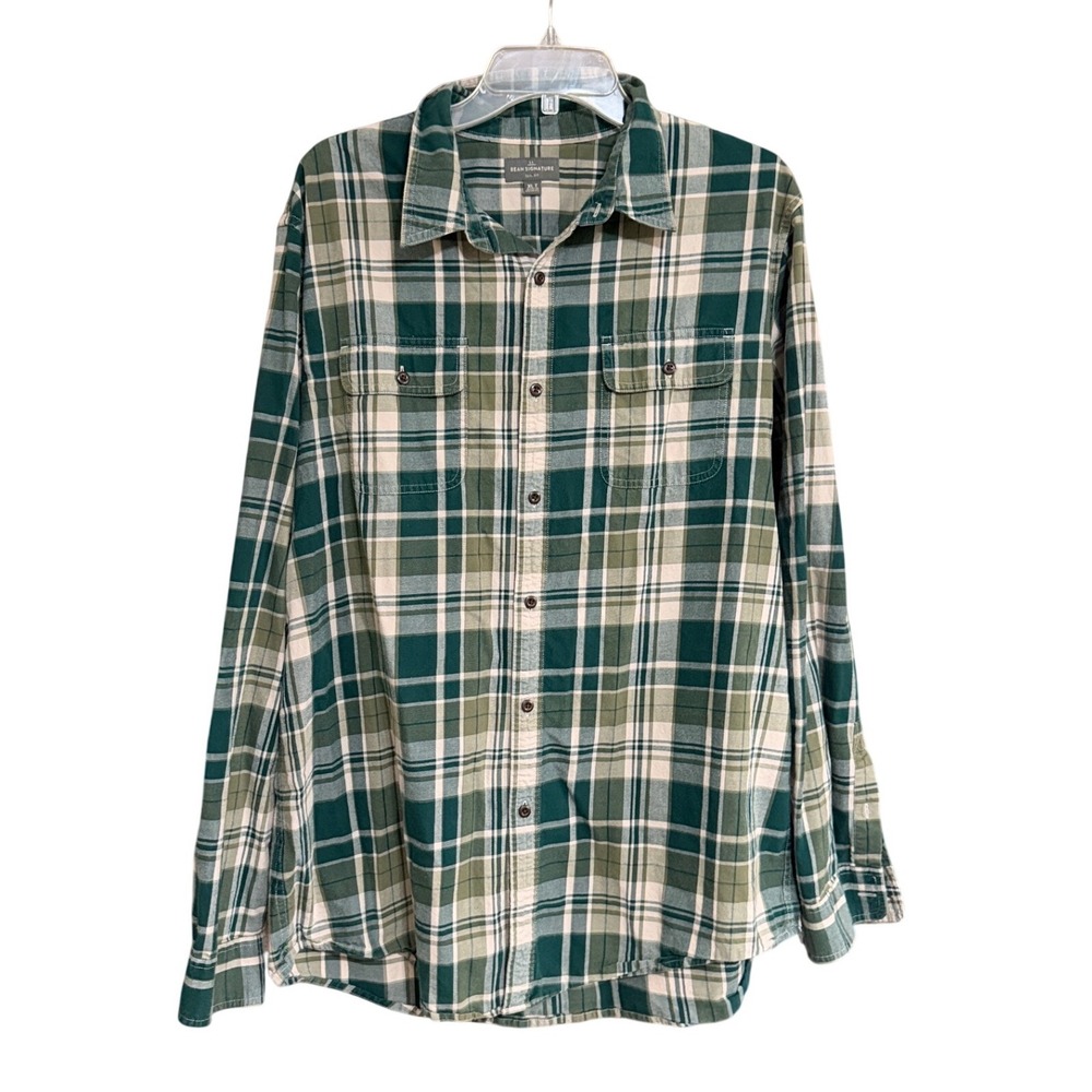 LL Bean Signature Slim Fit Green Plaid Flannel Shirt Mens XL Tall 100% Cotton